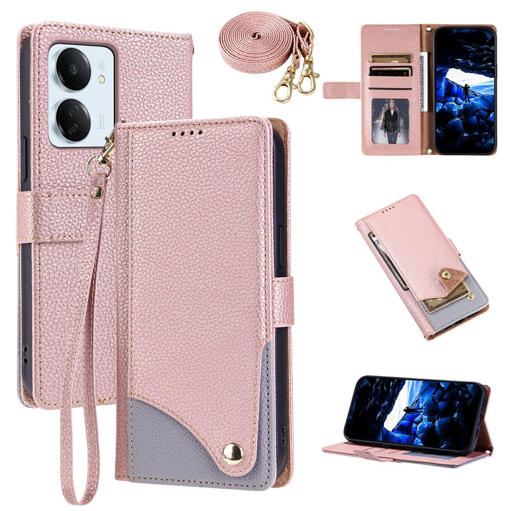 Xiaomi Redmi 13C 4G / Redmi 13C 5G / Poco C65 4G / Redmi 13R 5G / Poco M6 5G Läderfodral med handledsrem och axelrem Tvåfärgat mobilfodral med flera kortplatser