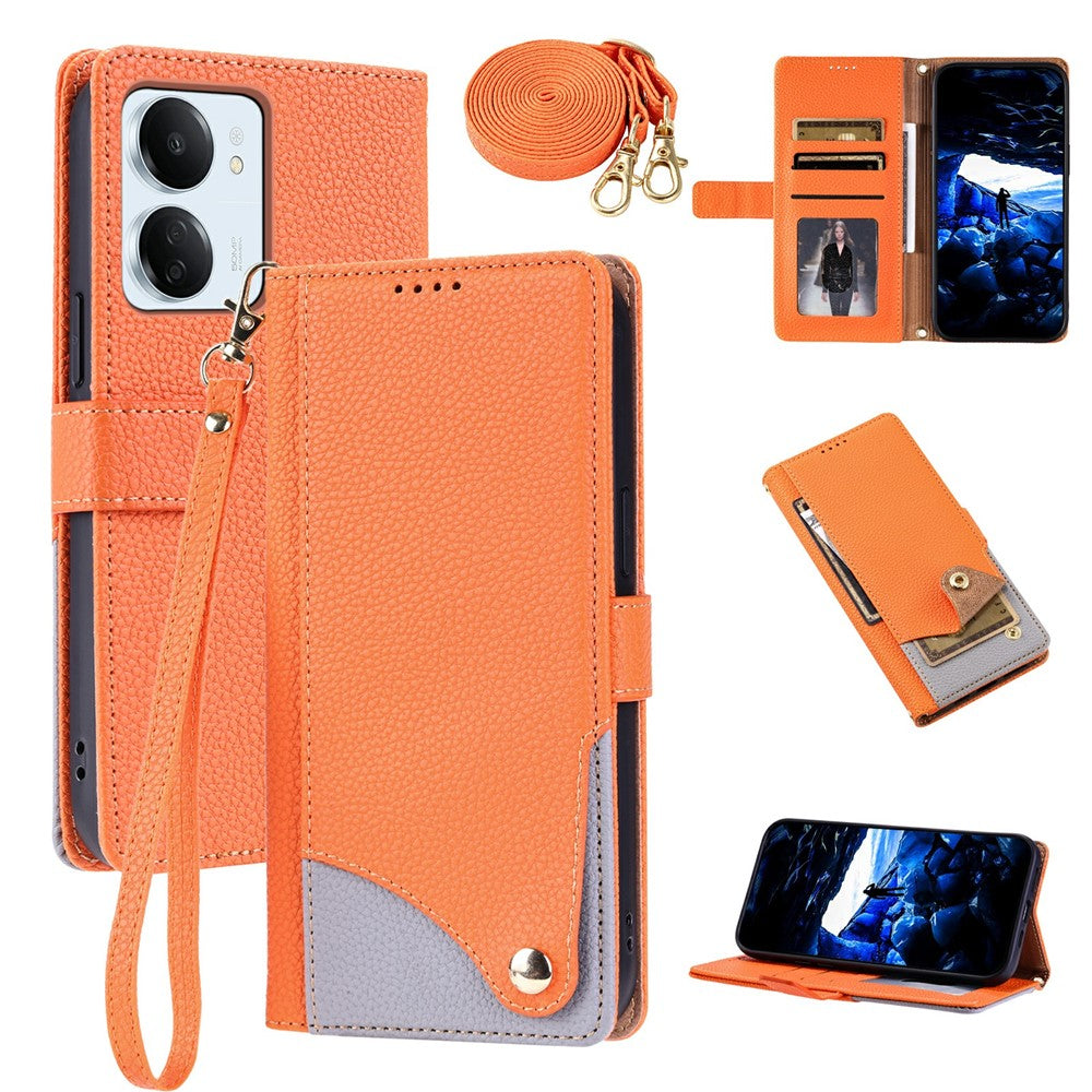 Xiaomi Redmi 13C 4G / Redmi 13C 5G / Poco C65 4G / Redmi 13R 5G / Poco M6 5G Läderfodral med handledsrem och axelrem Tvåfärgat mobilfodral med flera kortplatser