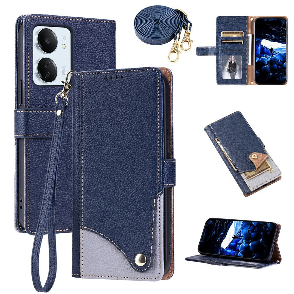 Xiaomi Redmi 13C 4G / Redmi 13C 5G / Poco C65 4G / Redmi 13R 5G / Poco M6 5G Läderfodral med handledsrem och axelrem Tvåfärgat mobilfodral med flera kortplatser