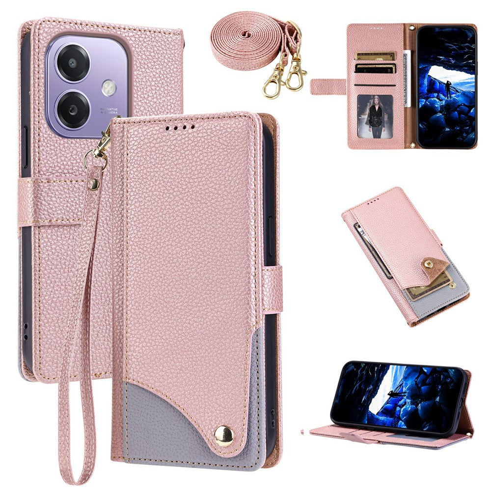 Oppo A3 5G / A3x 5G / A3x 4G / A3 4G / A3x 5G (Indien) / A40 4G / A60 5G Läderfodral med handledsrem och axelrem Tvåfärgat mobilfodral med flera kortplatser