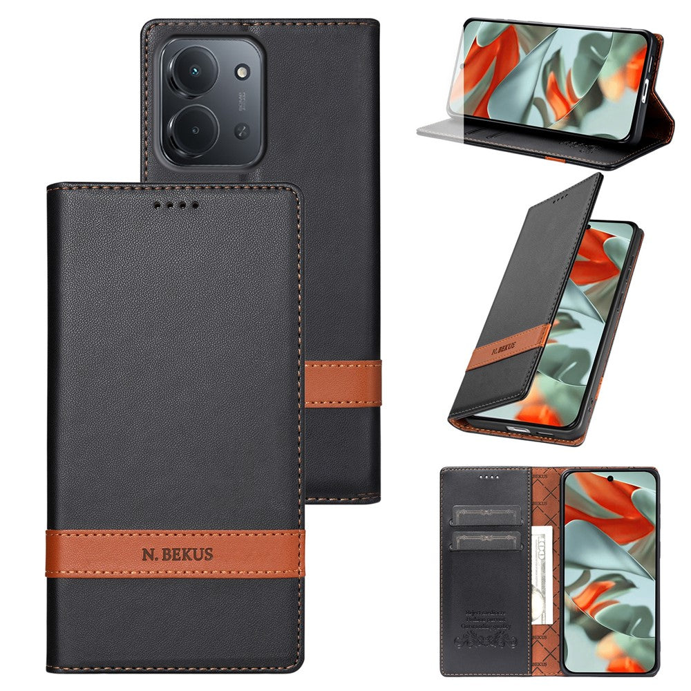 N.BEKUS P5-serien til Xiaomi Redmi 15C 5G (EU) (173 mm) / Redmi 15C 4G (EU) (173 mm), læderetui med tofarvede syninger, RFID-blokerende tegnebogsetui til mobil