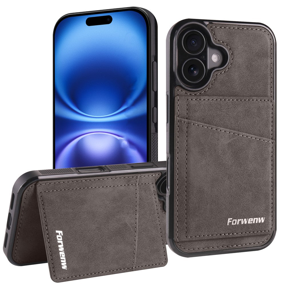 FORWENW F8-seriecover til iPhone 17 med kortholder og stativ, TPU-mobilcover med læderbeklædning