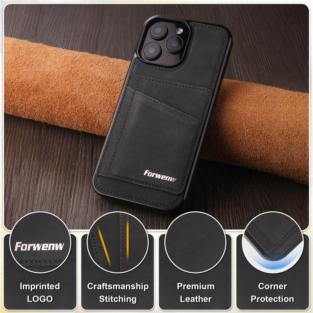 FORWENW F8 Series for iPhone 16 Pro Max Case Card Slot Kickstand Leather Coated TPU Phone Cover