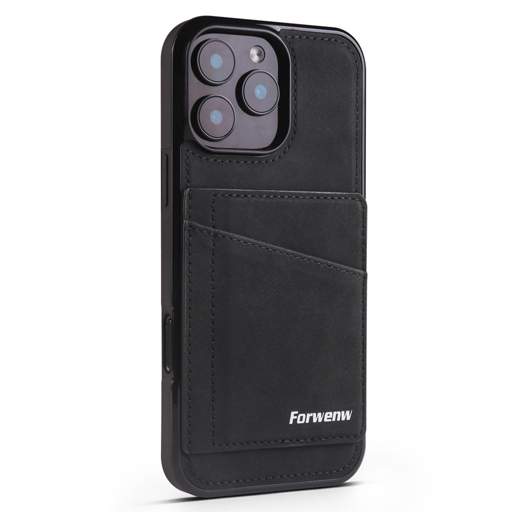 FORWENW F8 Series for iPhone 16 Pro Max Case Card Slot Kickstand Leather Coated TPU Phone Cover