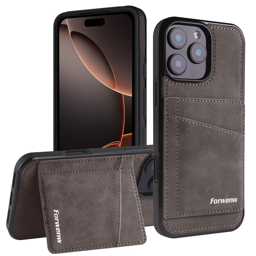 FORWENW F8 Series for iPhone 16 Pro Max Case Card Slot Kickstand Leather Coated TPU Phone Cover