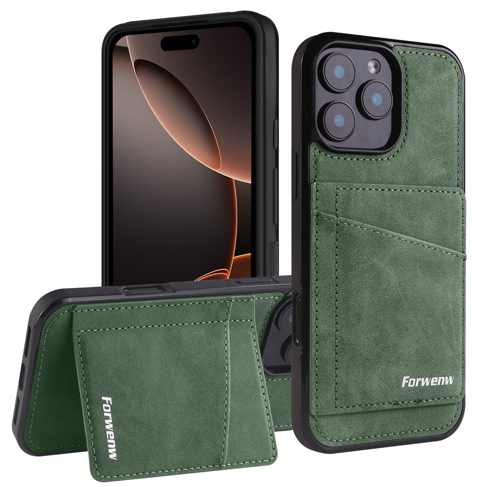 FORWENW F8 Series for iPhone 16 Pro Max Case Card Slot Kickstand Leather Coated TPU Phone Cover