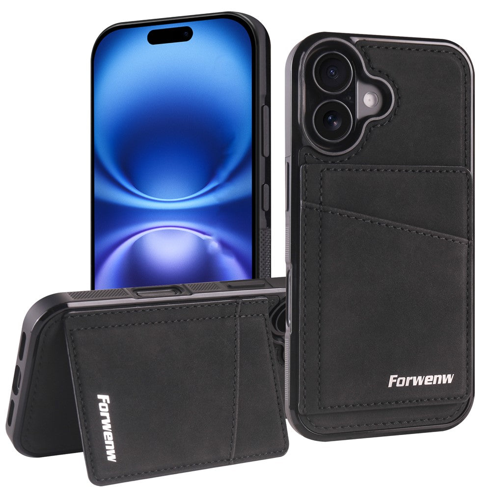 FORWENW F8-serien til iPhone 16 Plus Cover med Kortplads og Støtteben i Læderbelagt TPU