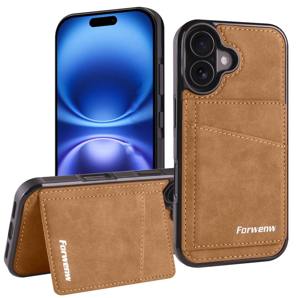 FORWENW F8-serien til iPhone 16 Plus Cover med Kortplads og Støtteben i Læderbelagt TPU