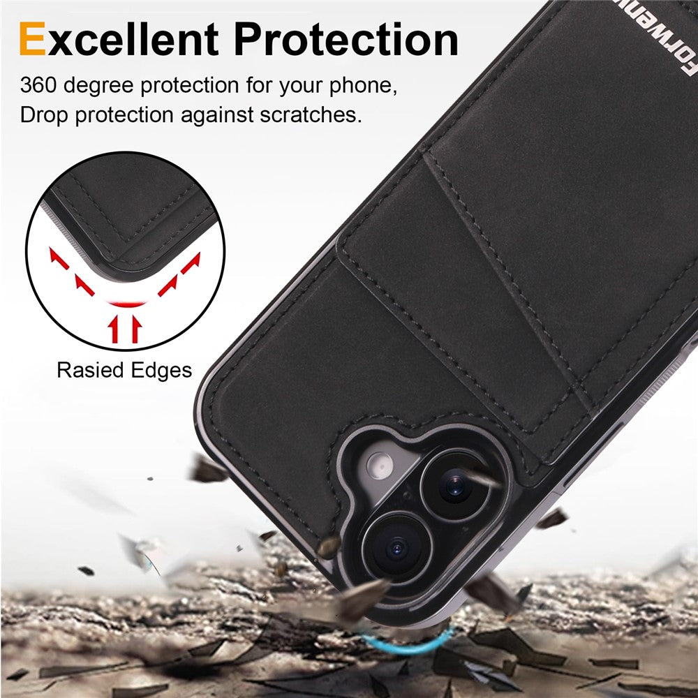 FORWENW F8 Series for iPhone 16 Case Card Slot Kickstand Leather Coated TPU Phone Cover