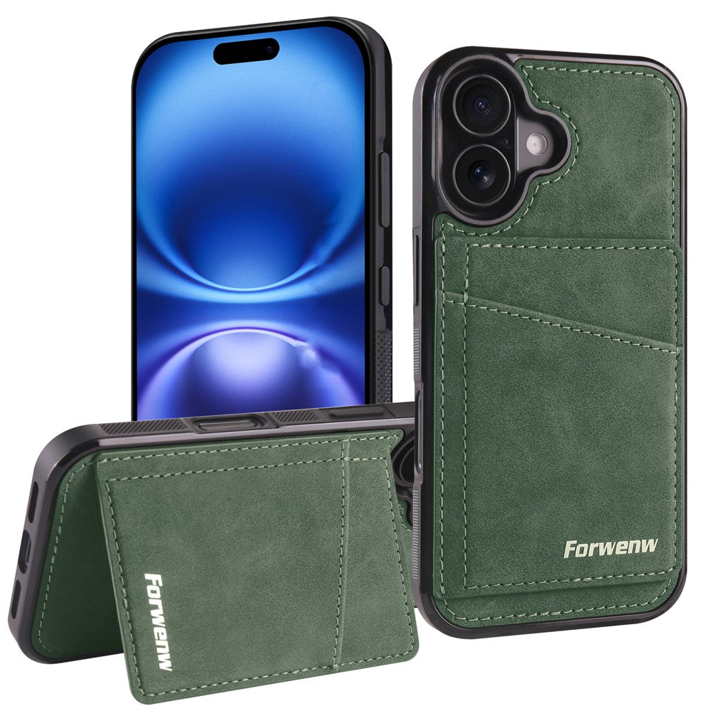 FORWENW F8 Series for iPhone 16 Case Card Slot Kickstand Leather Coated TPU Phone Cover