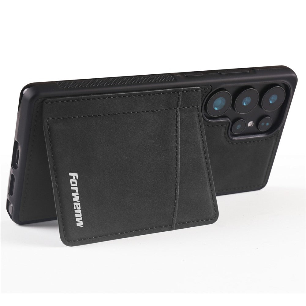 FORWENW F8-serien etui til Samsung Galaxy S24 Ultra med kortholder og stativ, TPU-mobilcover med læderoverflade