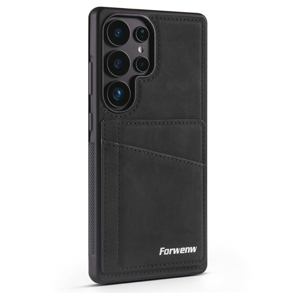FORWENW F8-serien etui til Samsung Galaxy S24 Ultra med kortholder og stativ, TPU-mobilcover med læderoverflade