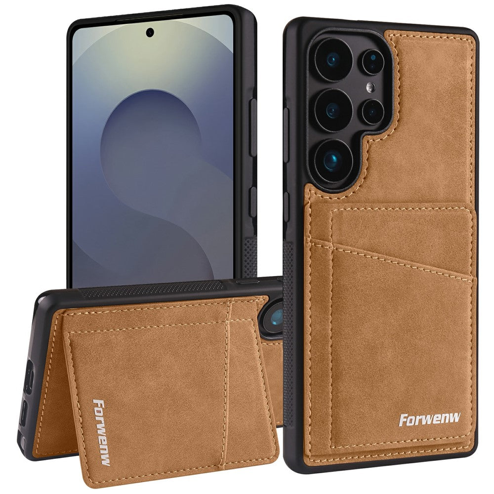 FORWENW F8-serien etui til Samsung Galaxy S24 Ultra med kortholder og stativ, TPU-mobilcover med læderoverflade
