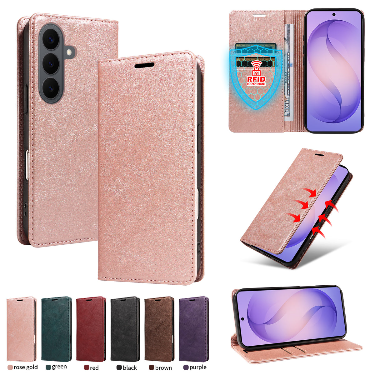 For Samsung Galaxy S26+ Wallet Case RFID Blocking Card Slots Stand Magnetic Closure Leather Phone Cover