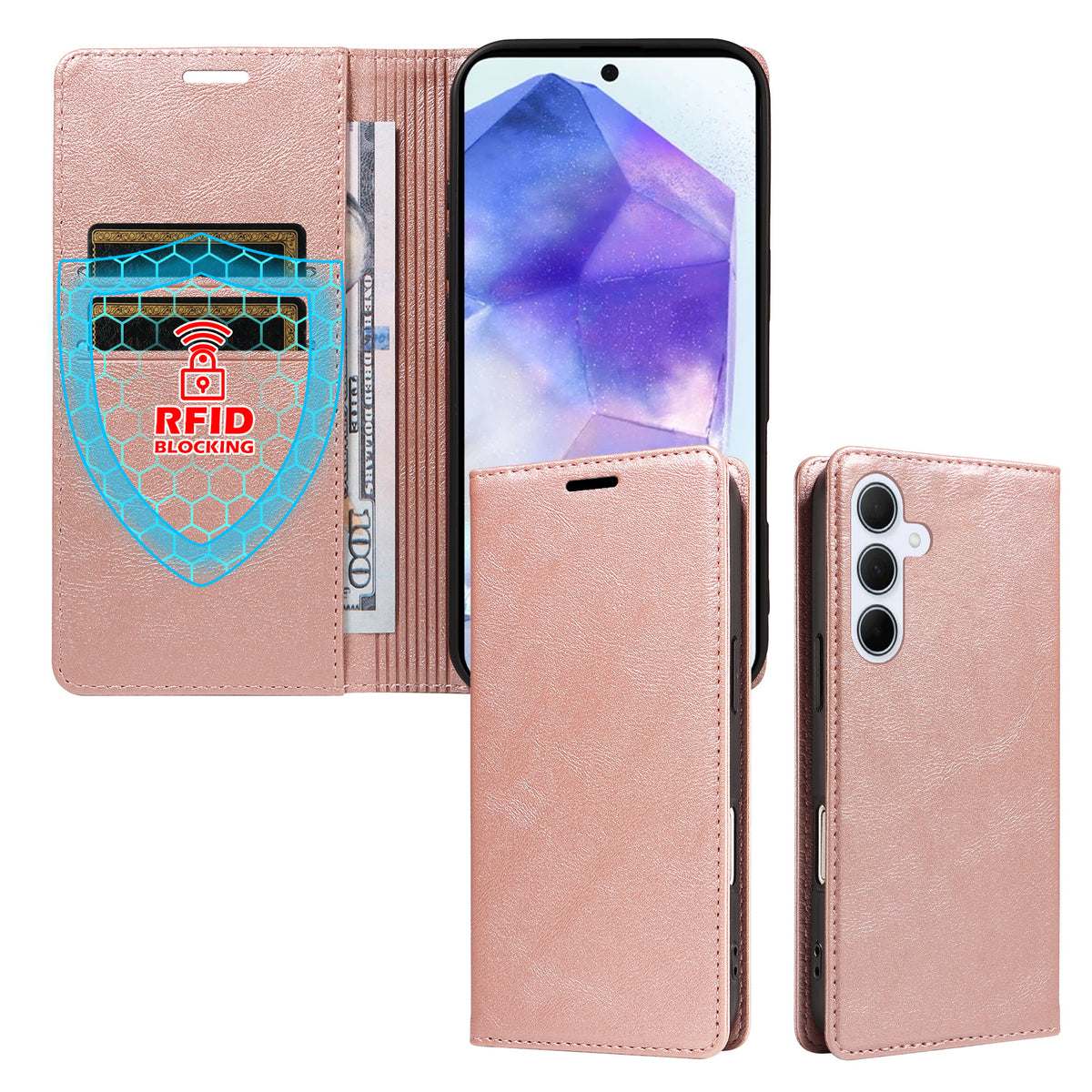 Til Samsung Galaxy A55 5G Pung Etui RFID Blokerende Kortpladser Stativ Magnetisk Lukning Læder Telefoncover