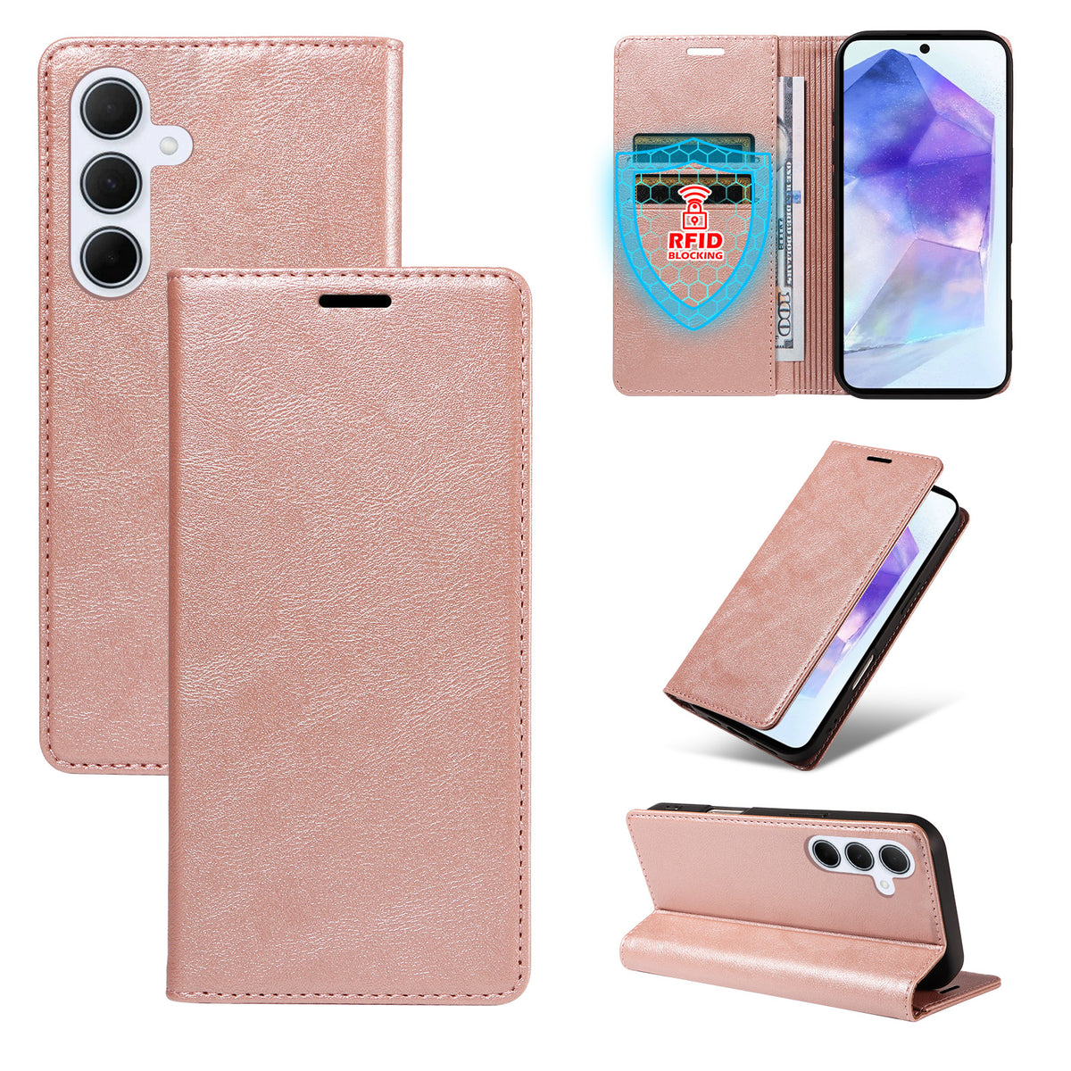 Til Samsung Galaxy A55 5G Pung Etui RFID Blokerende Kortpladser Stativ Magnetisk Lukning Læder Telefoncover