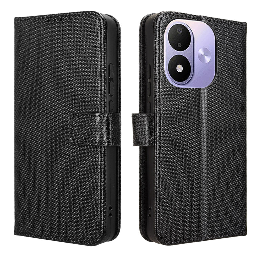 Xiaomi Redmi Note 17 4G (Global) / Note 17 5G (Global) / Note 17 (Indien/Kina) 5G Läderplånboksfodral med rem, diamantstruktur, mobilskal