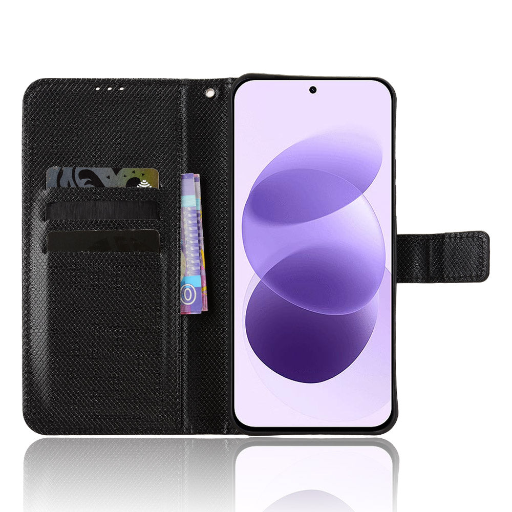 Xiaomi Redmi Note 17 4G (Global) / Note 17 5G (Global) / Note 17 (Indien/Kina) 5G Läderplånboksfodral med rem, diamantstruktur, mobilskal