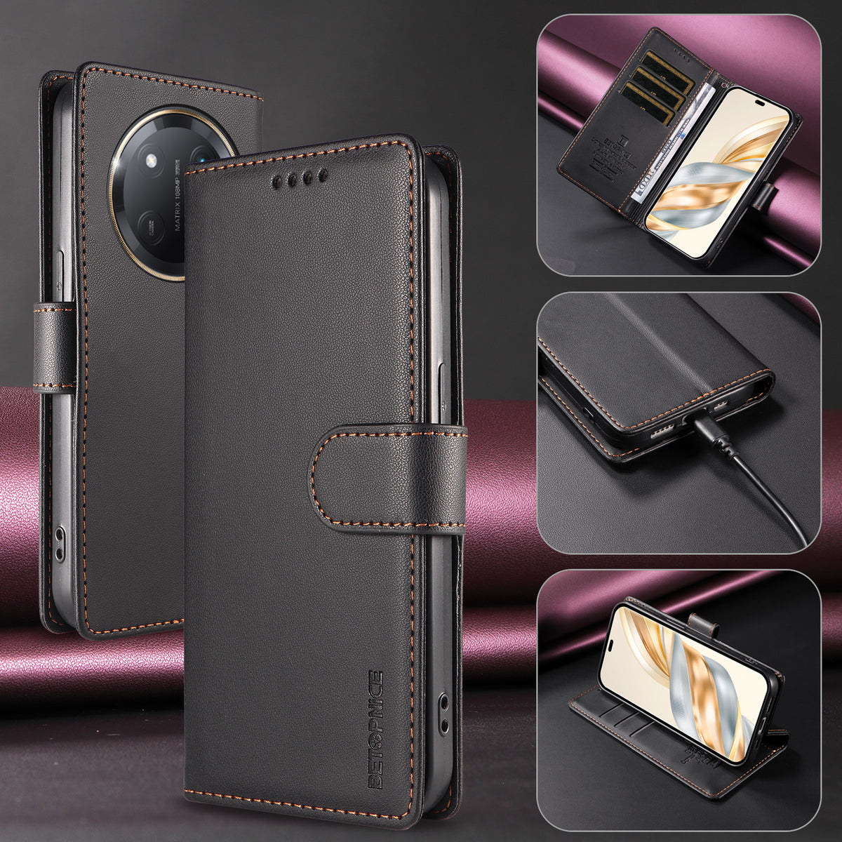 BETOPNICE for Honor Magic7 Lite 5G / Honor X9c 5G / Honor X60 Pro 5G 006 Case RFID Blocking Wallet Stand Leather Phone Cover with Wrist Strap