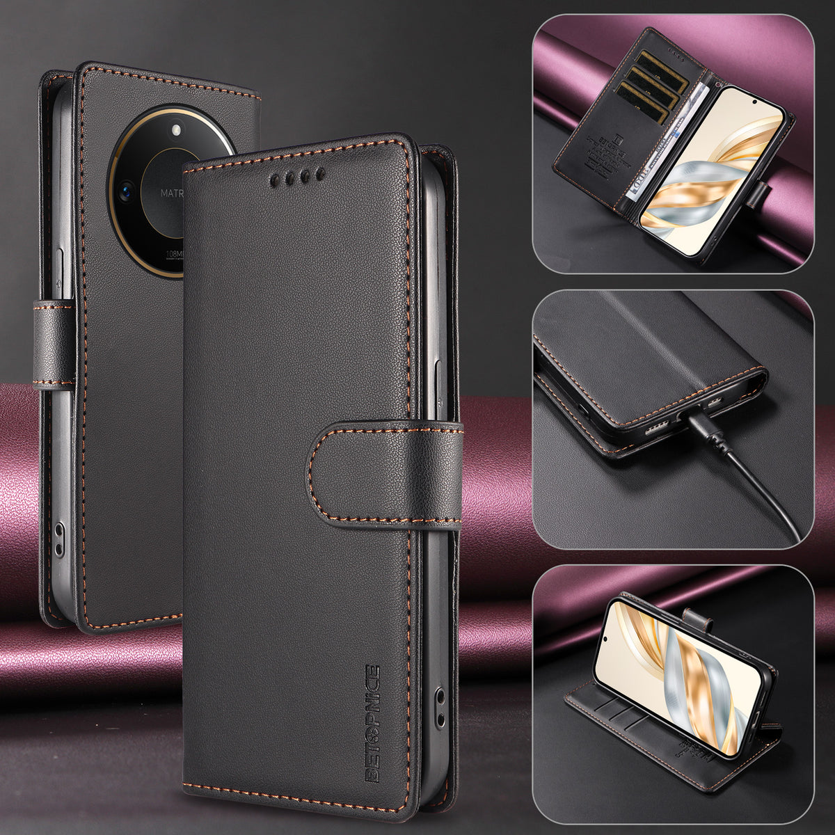 BETOPNICE for Honor X9c Smart 5G / Honor X60 5G 006 Case RFID Blocking Wallet Stand Leather Phone Cover with Wrist Strap