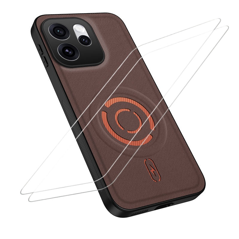 WANLONFENG for Oppo Reno15 F 5G KJB1 Series Magnetic Case with 2Pcs Tempered Glass Screen Protector Tech Fabric Texture PC+TPU Phone Cover