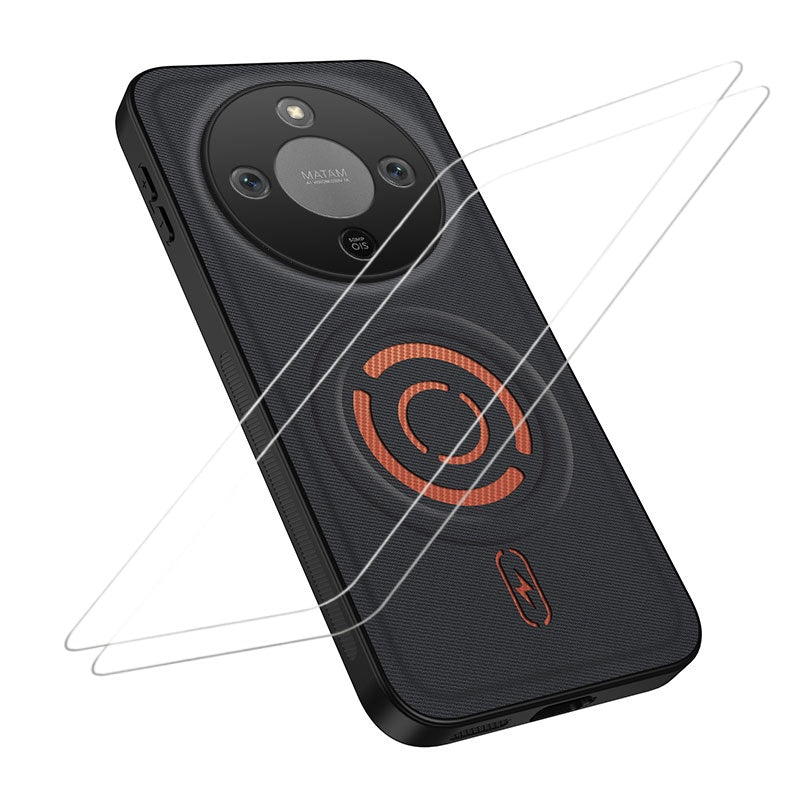 WANLONFENG for Honor X70 5G / Honor X9d 5G / Honor Magic8 Lite 5G KJB1 Series Magnetic Case with 2Pcs Tempered Glass Screen Protector Tech Fabric Texture PC+TPU Phone Cover