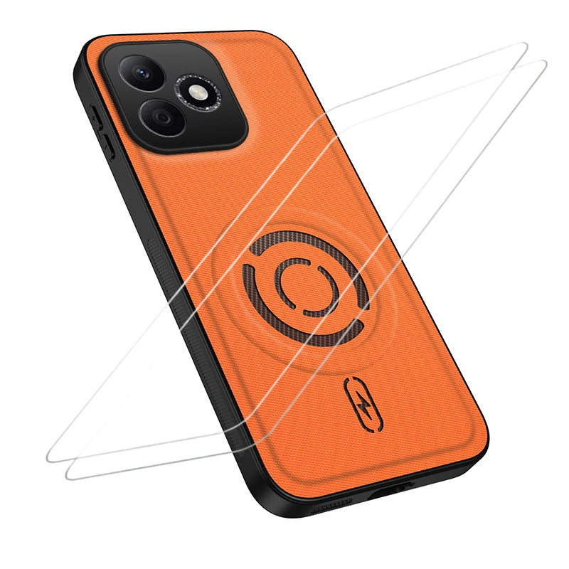 WANLONFENG til Honor X8d 4G KJB1 Series Magnetisk Cover med 2 stk. Hærdet Glas Skærmbeskyttelse Tech Fabric Tekstur PC+TPU Telefoncover