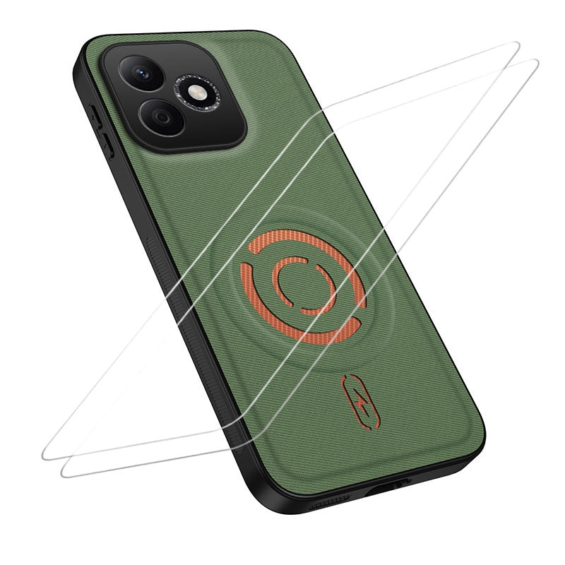 WANLONFENG til Honor X8d 4G KJB1 Series Magnetisk Cover med 2 stk. Hærdet Glas Skærmbeskyttelse Tech Fabric Tekstur PC+TPU Telefoncover