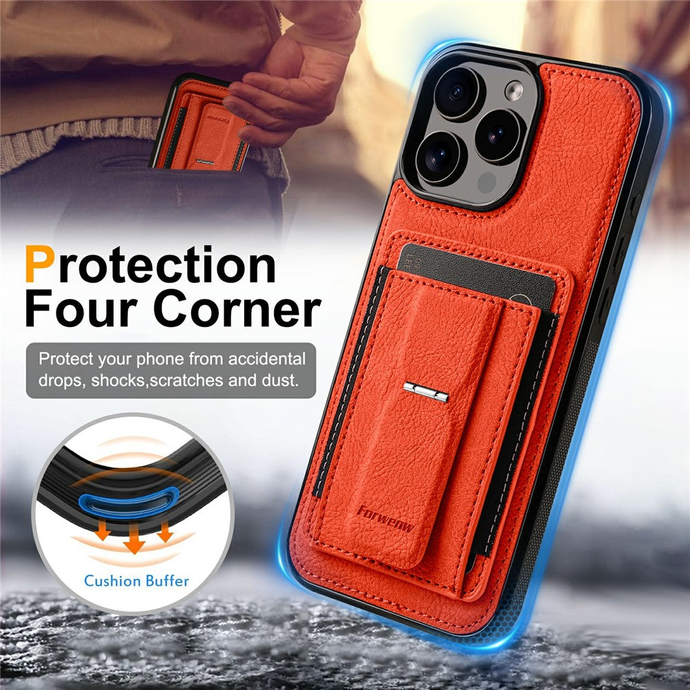 FORWENW F9 Series for iPhone 16 Pro Case PU Leather + TPU RFID Blocking Card Holder Kickstand Phone Cover