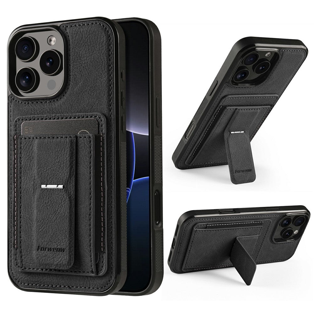 FORWENW F9 Series for iPhone 16 Pro Case PU Leather + TPU RFID Blocking Card Holder Kickstand Phone Cover