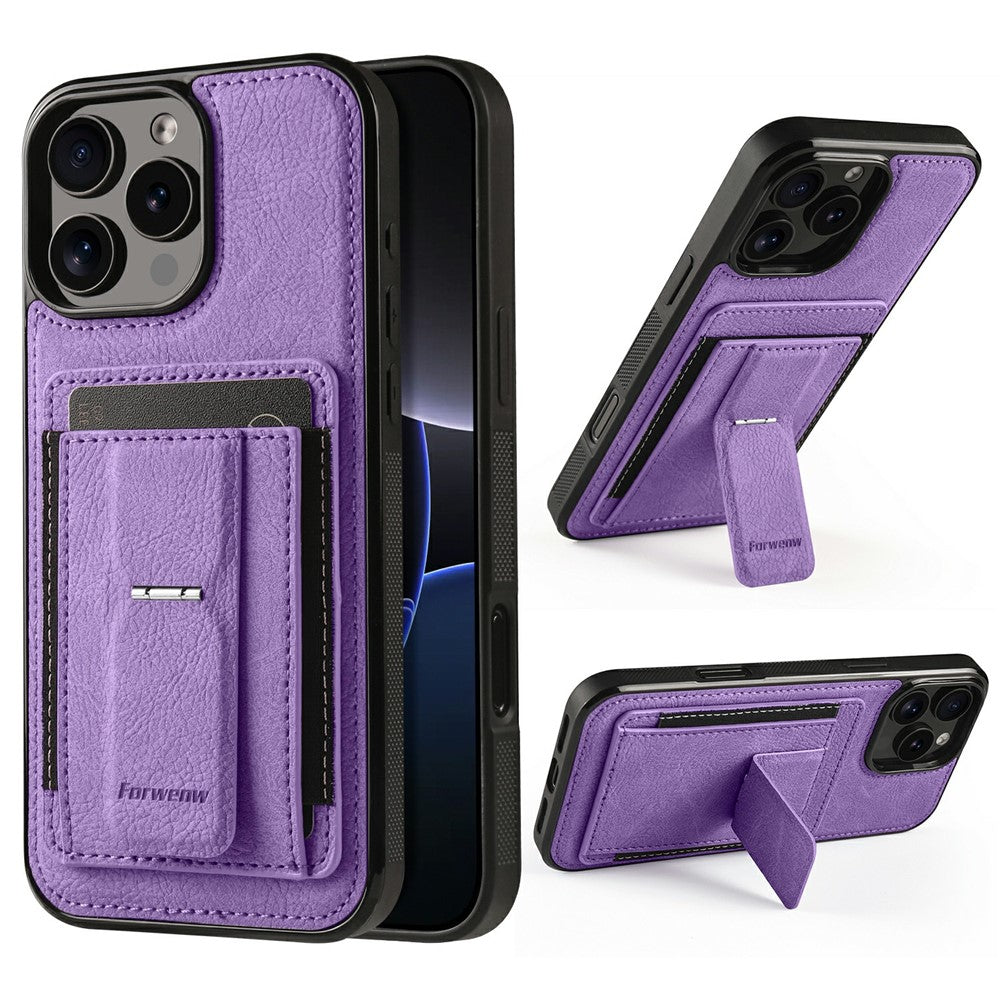 FORWENW F9 Series for iPhone 16 Pro Case PU Leather + TPU RFID Blocking Card Holder Kickstand Phone Cover