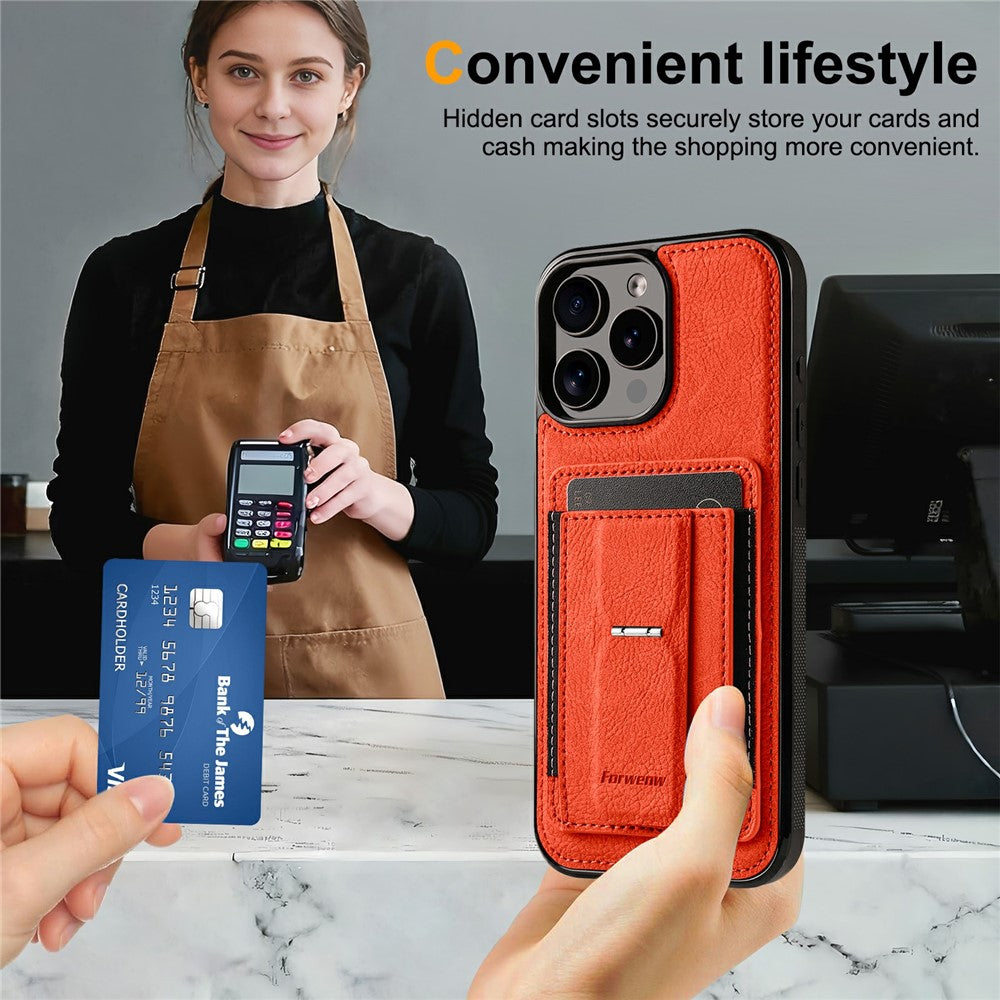 FORWENW F9 Series for iPhone 16 Pro Max Case PU Leather + TPU RFID Blocking Card Holder Kickstand Phone Cover