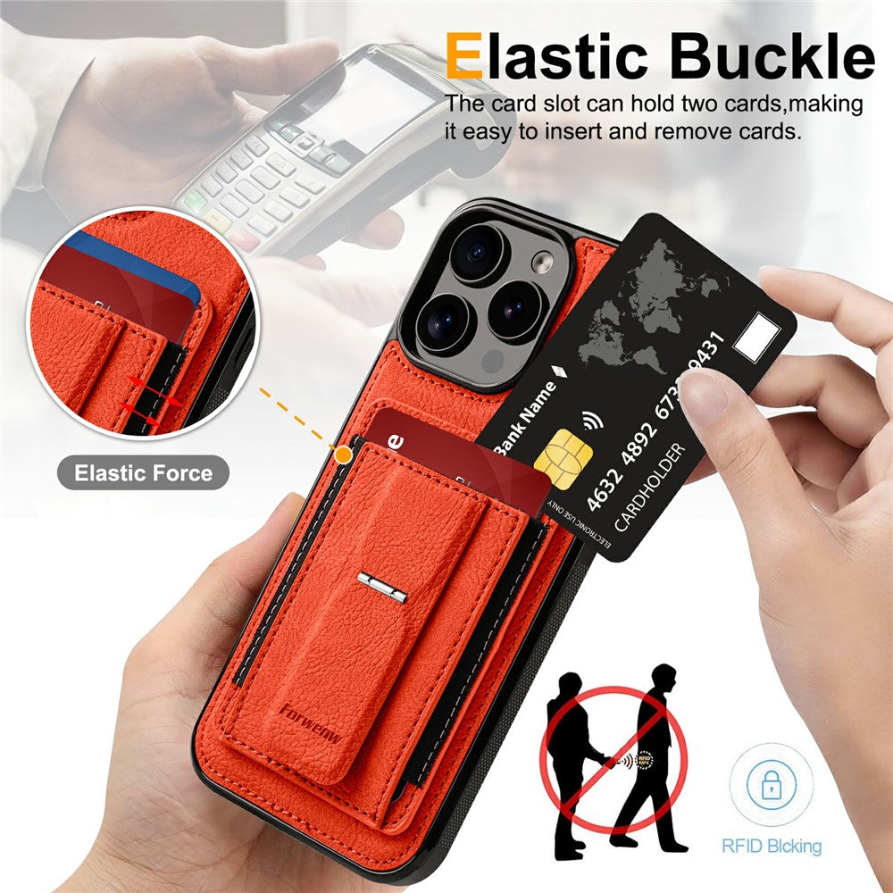 FORWENW F9 Series for iPhone 16 Pro Max Case PU Leather + TPU RFID Blocking Card Holder Kickstand Phone Cover