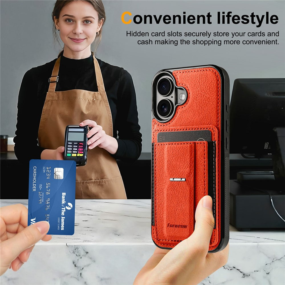 FORWENW F9-serien til iPhone 16 Plus-etui PU-læder + TPU RFID-blokerende kortholder støttefod telefoncover