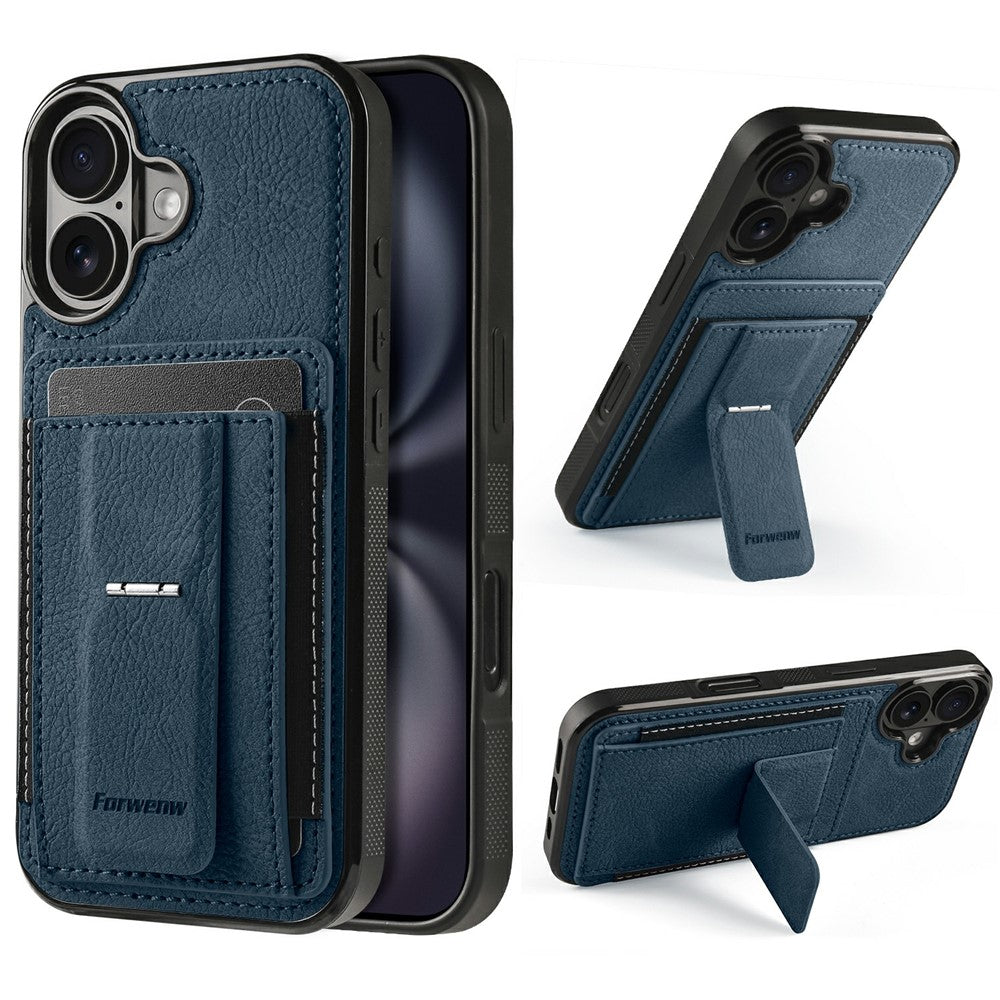 FORWENW F9-serien til iPhone 16 Plus-etui PU-læder + TPU RFID-blokerende kortholder støttefod telefoncover