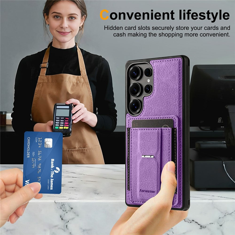 FORWENW F9-serien för Samsung Galaxy S23 Ultra-skal i PU-läder + TPU RFID-blockerande korthållare med stativ – mobilskal