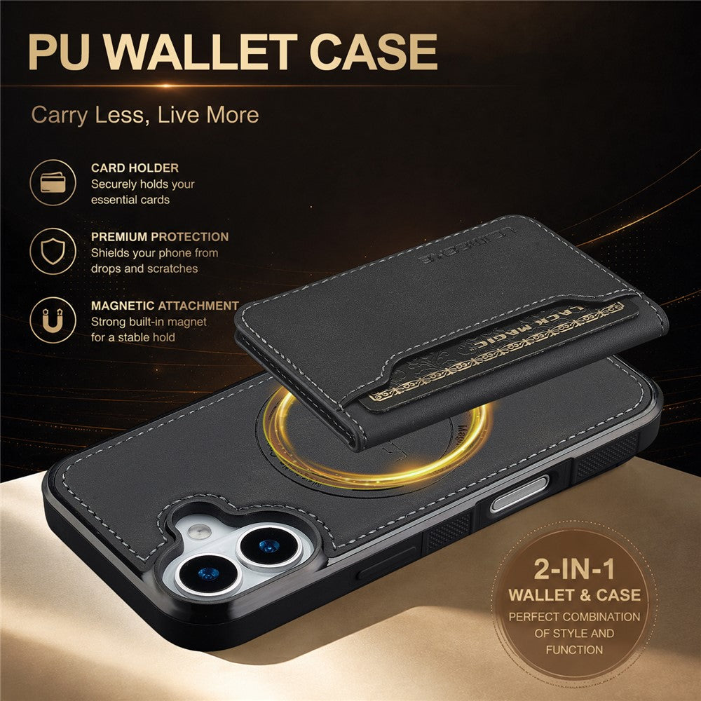 LC.IMEEKE L7-serien til iPhone 16 Plus magnetisk cover i læder + TPU-telefoncover med aftagelig kortholder