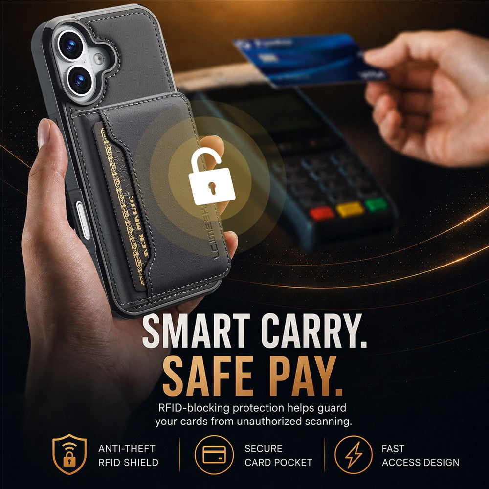 LC.IMEEKE L7-serien til iPhone 16 Plus magnetisk cover i læder + TPU-telefoncover med aftagelig kortholder