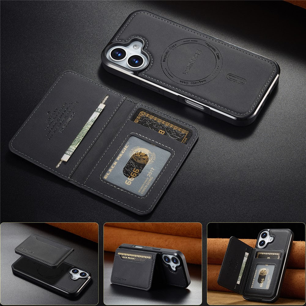 LC.IMEEKE L7-serien til iPhone 16 Plus magnetisk cover i læder + TPU-telefoncover med aftagelig kortholder