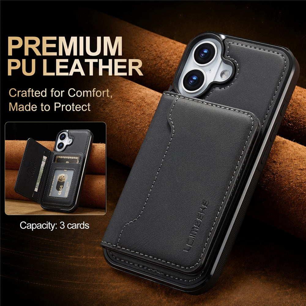 LC.IMEEKE L7-serien til iPhone 16 Plus magnetisk cover i læder + TPU-telefoncover med aftagelig kortholder