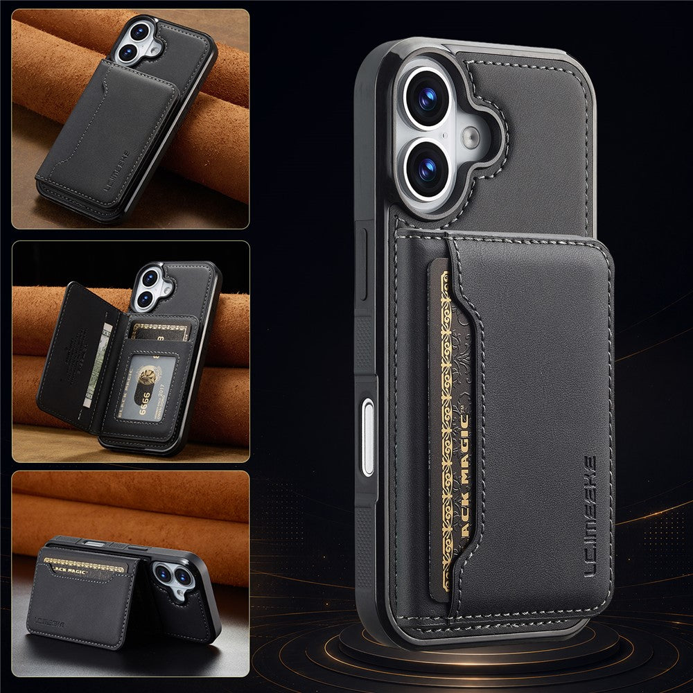 LC.IMEEKE L7-serien til iPhone 16 Plus magnetisk cover i læder + TPU-telefoncover med aftagelig kortholder