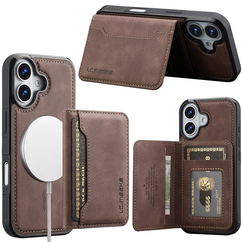 LC.IMEEKE L7-serien til iPhone 16 Plus magnetisk cover i læder + TPU-telefoncover med aftagelig kortholder