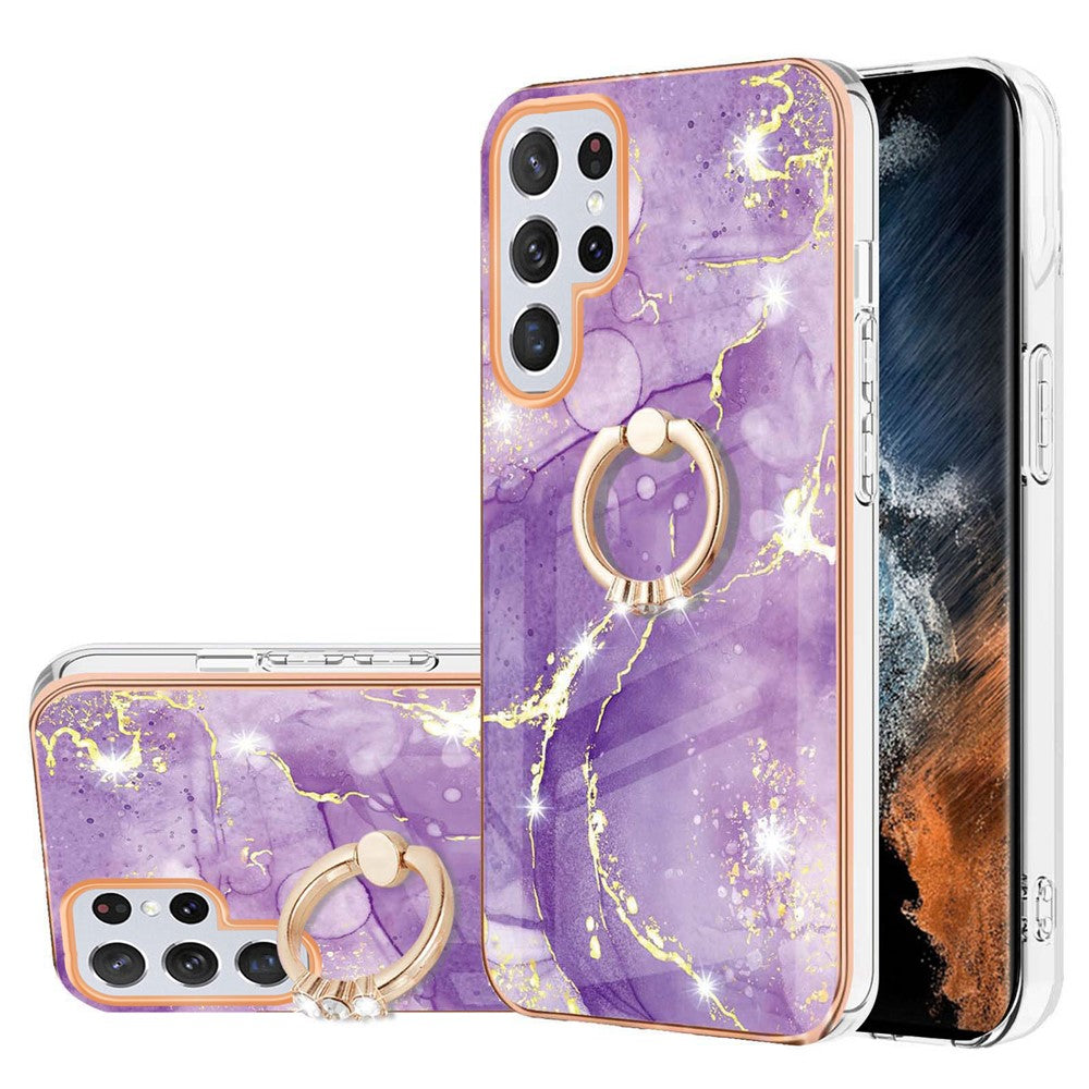 For Samsung Galaxy S23 Ultra Case with Ring Kickstand Marble Pattern Electroplating TPU Back Cover