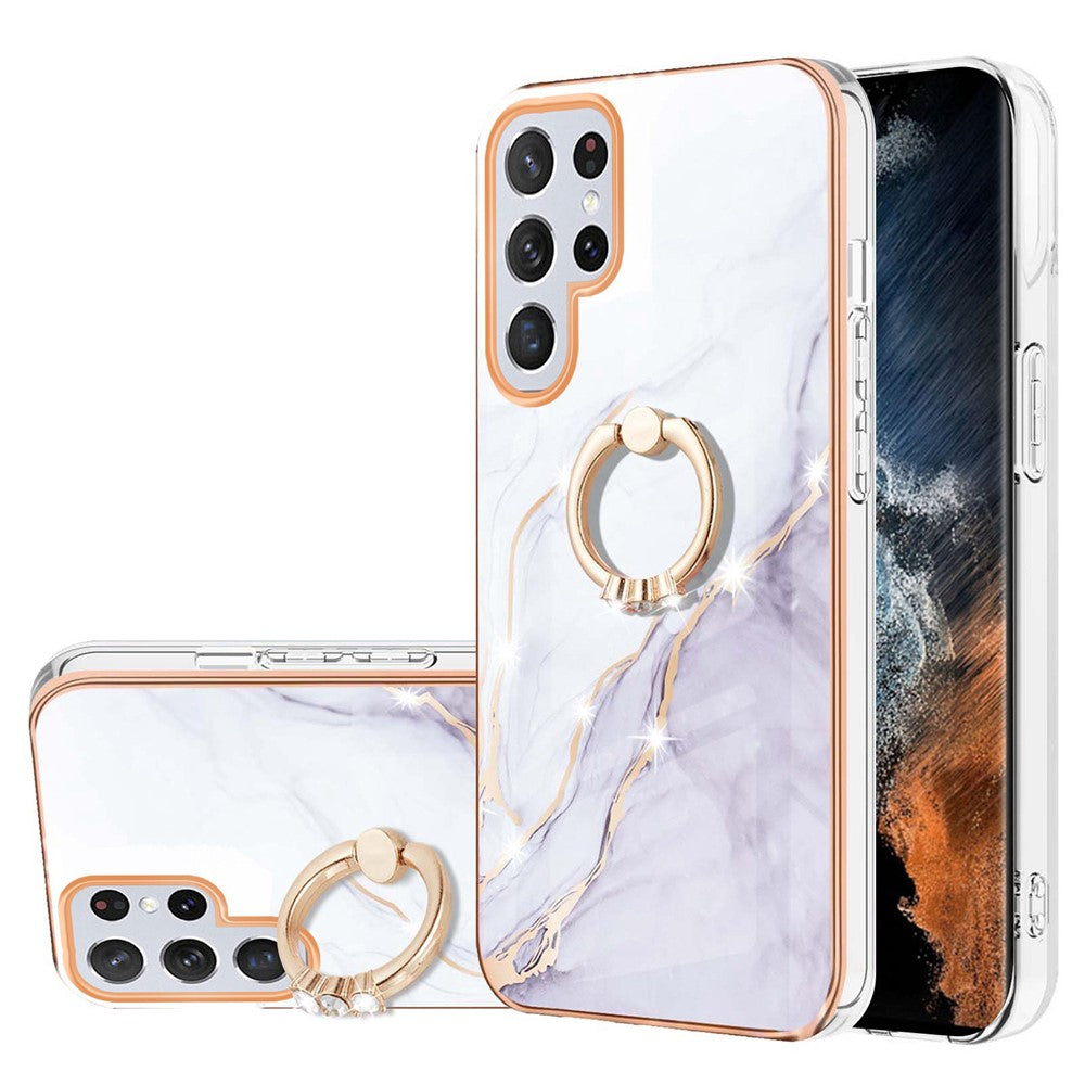 For Samsung Galaxy S23 Ultra Case with Ring Kickstand Marble Pattern Electroplating TPU Back Cover