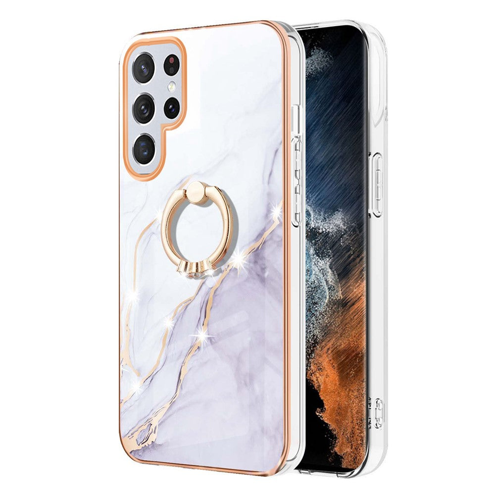 For Samsung Galaxy S23 Ultra Case with Ring Kickstand Marble Pattern Electroplating TPU Back Cover