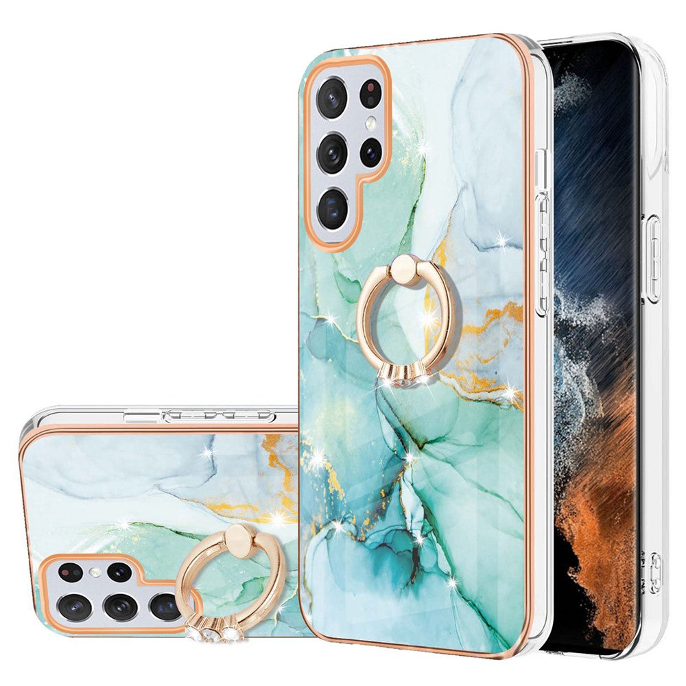 For Samsung Galaxy S23 Ultra Case with Ring Kickstand Marble Pattern Electroplating TPU Back Cover