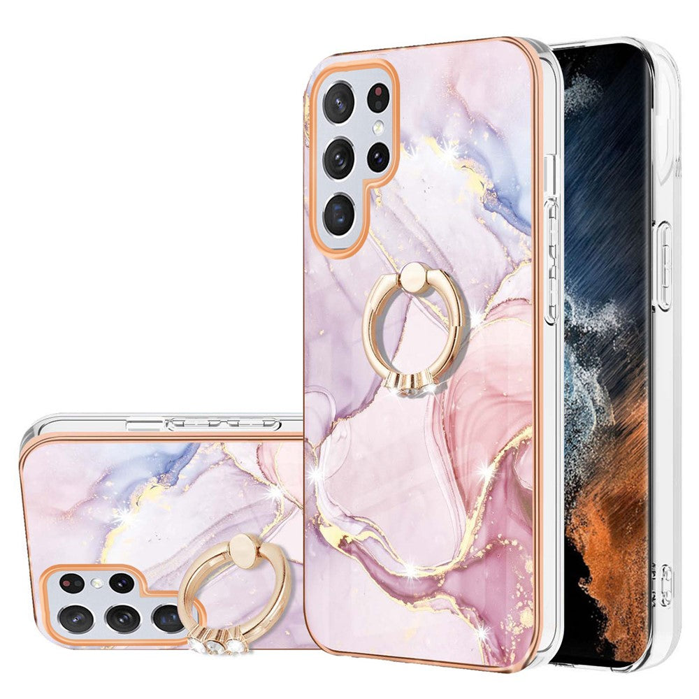 For Samsung Galaxy S23 Ultra Case with Ring Kickstand Marble Pattern Electroplating TPU Back Cover