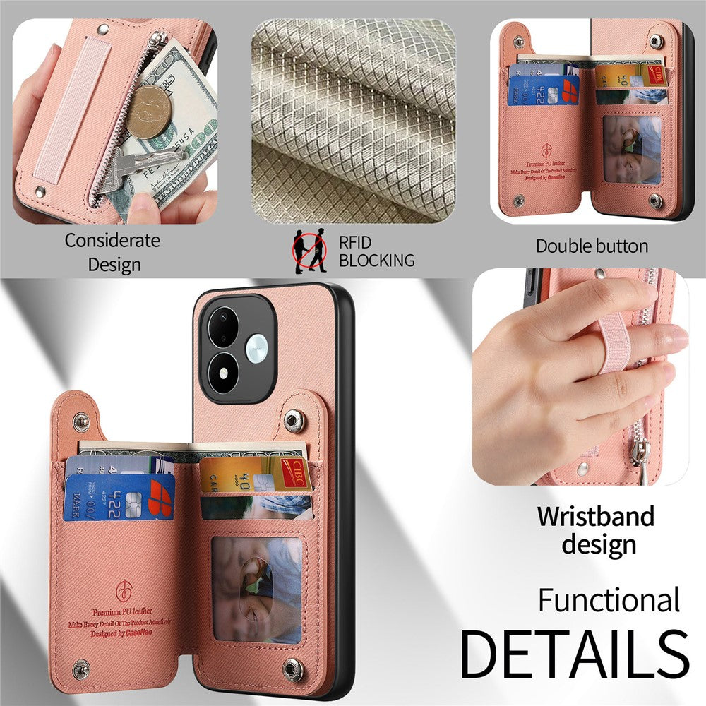 Xiaomi Redmi Note 17 4G (Global) / Note 17 5G (Global) / Note 17 (Indien/Kina) 5G-skal RFID-blockerande korthållare, jeanstygtexturerat läderbakstycke med elastiskt armband