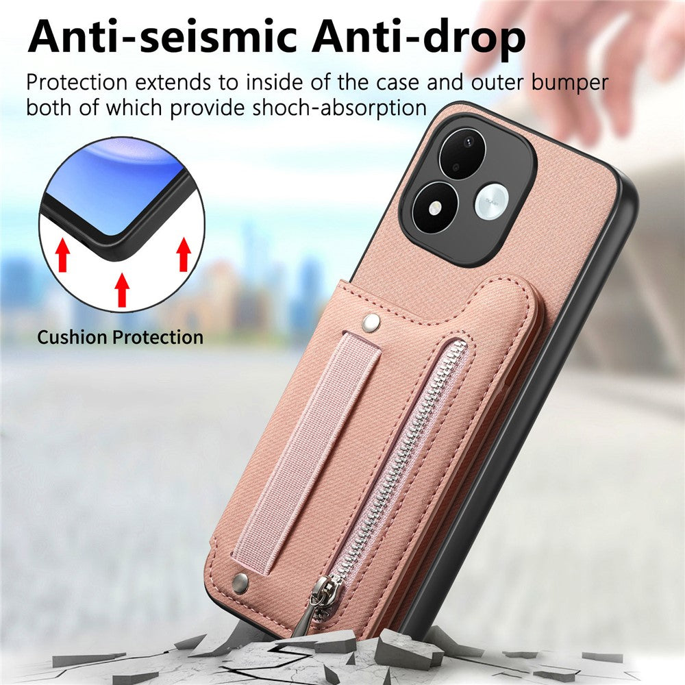 Xiaomi Redmi Note 17 4G (Global) / Note 17 5G (Global) / Note 17 (Indien/Kina) 5G-skal RFID-blockerande korthållare, jeanstygtexturerat läderbakstycke med elastiskt armband