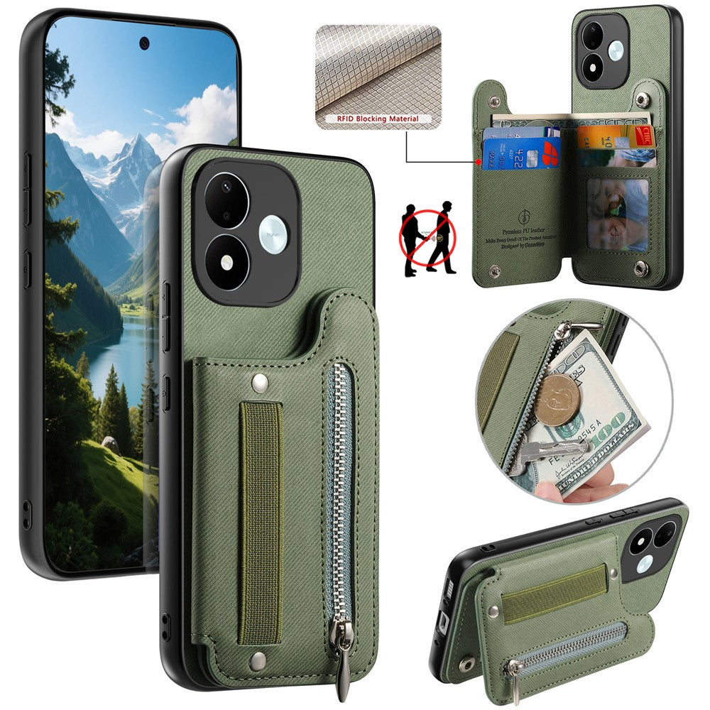 Xiaomi Redmi Note 17 4G (Global) / Note 17 5G (Global) / Note 17 (Indien/Kina) 5G-skal RFID-blockerande korthållare, jeanstygtexturerat läderbakstycke med elastiskt armband